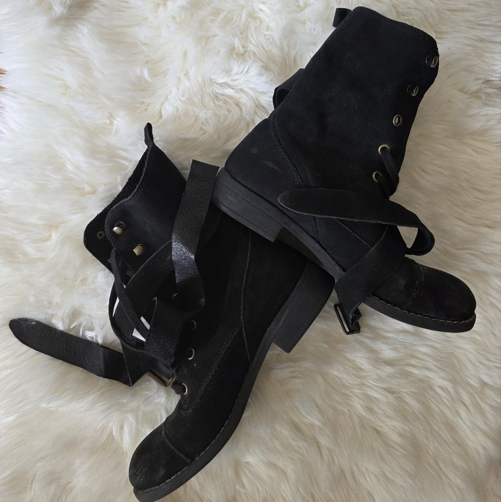 Black Suede Leather Lace-Up Strap Combat Boots